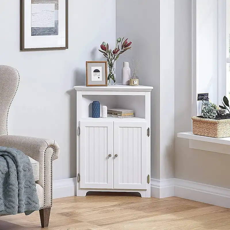 White / Espresso Corner Floor Storage Cabinet with Doors & Adjustable Shelves – Beaded Panel Style