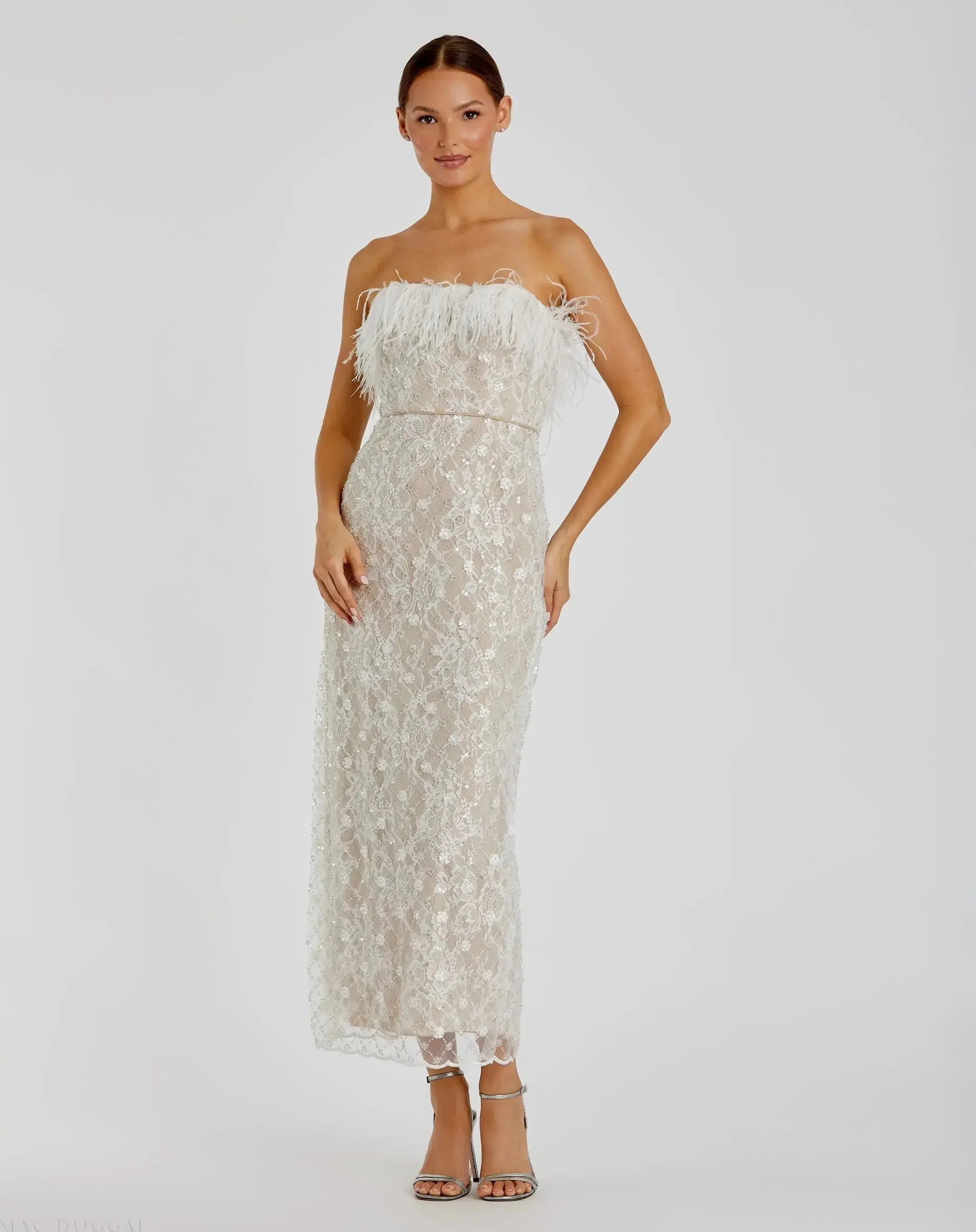 White and Beige Embellished Feather Strapless Column Dress