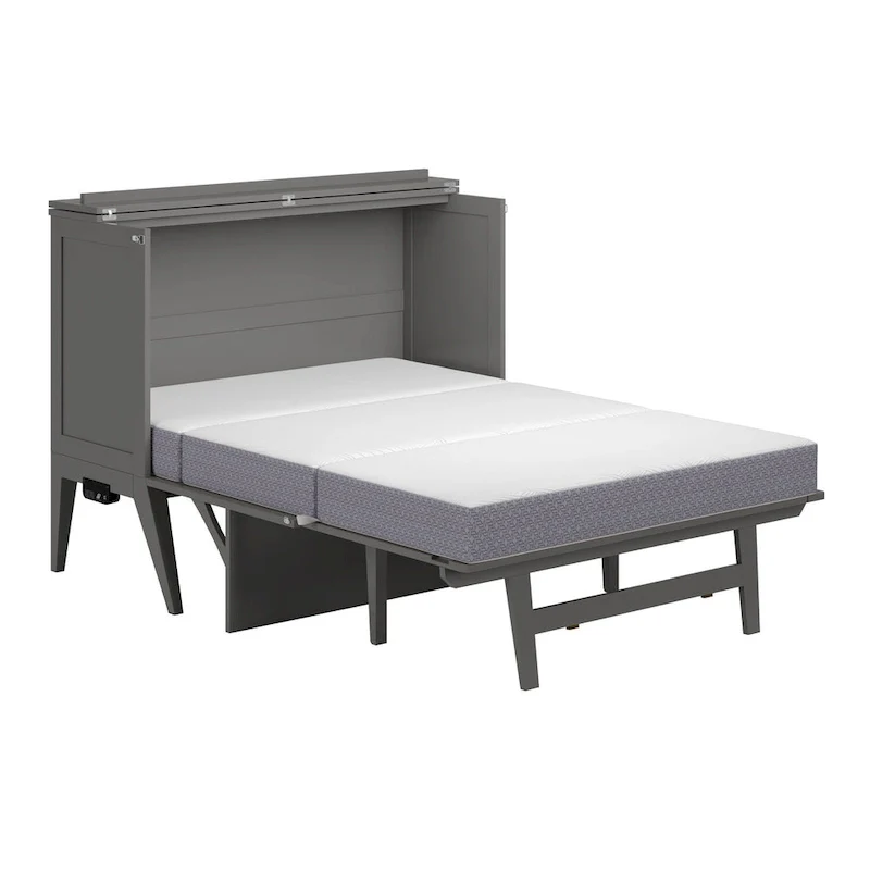 Grey Full Murphy Bed with Fold-Down Desk, Memory Foam Mattress & USB Charging