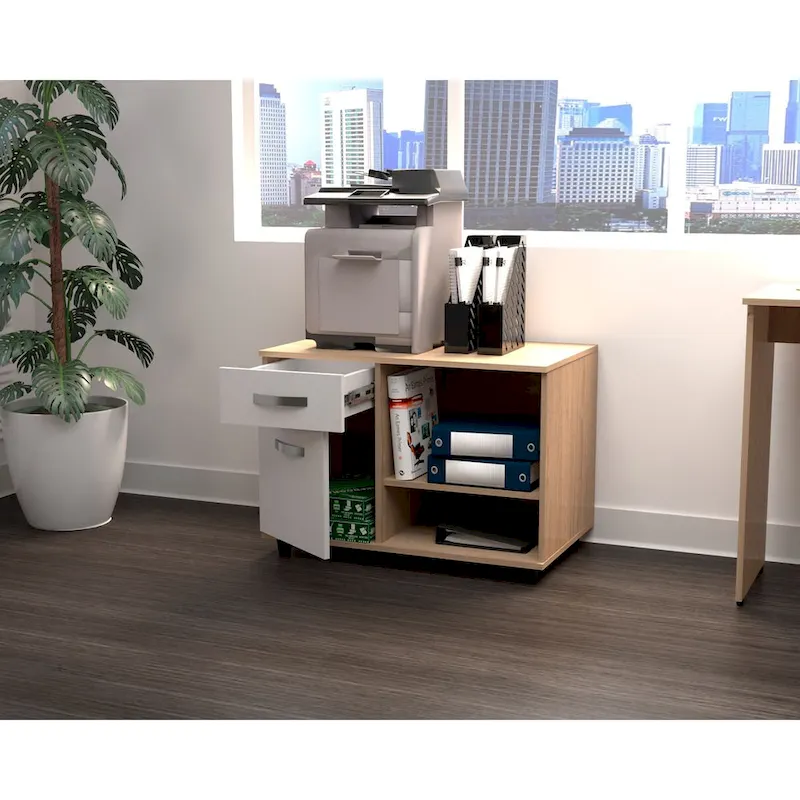 Office Console Table with Drawer & Open Shelves – Sand Oak Melamine, 31.5W