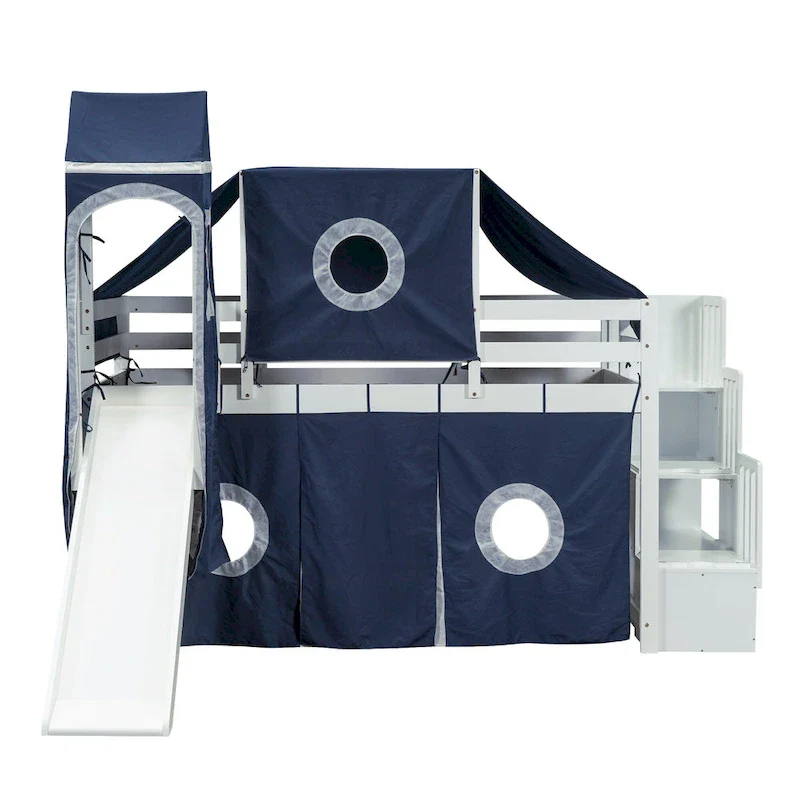 Twin Pine Loft Bed with Staircase, Slide, Tent, Tower, and Guardrail