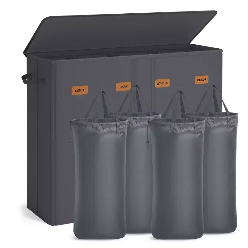 SONGMICS 55.4 Gallon (210 L) Laundry Hamper, 4-Compartment Laundry Basket Sorter with Lid, Labels, Removable Liner Bags, for Bedroom