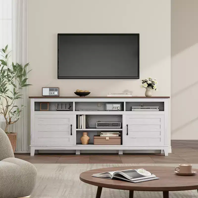 Farmhouse TV Stand, Adjustable Shelves, Cabinet Doors, for Living Room, Bedroom