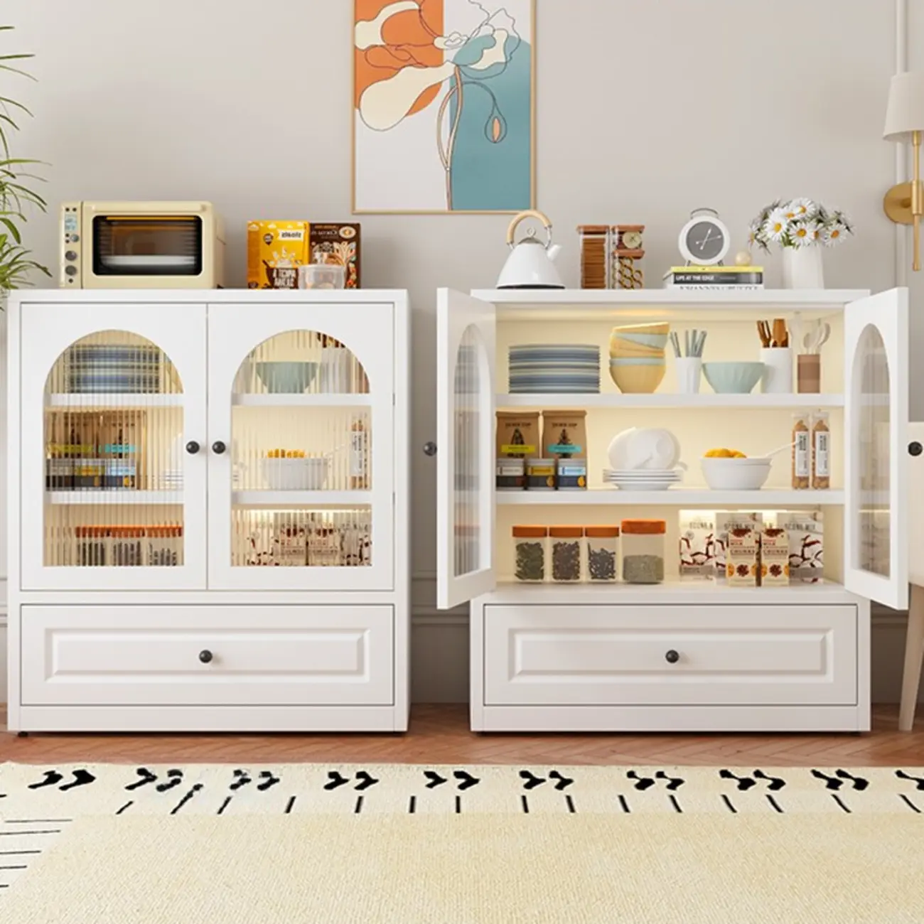 Narrow Metal White Buffet Cabinet with Drawer