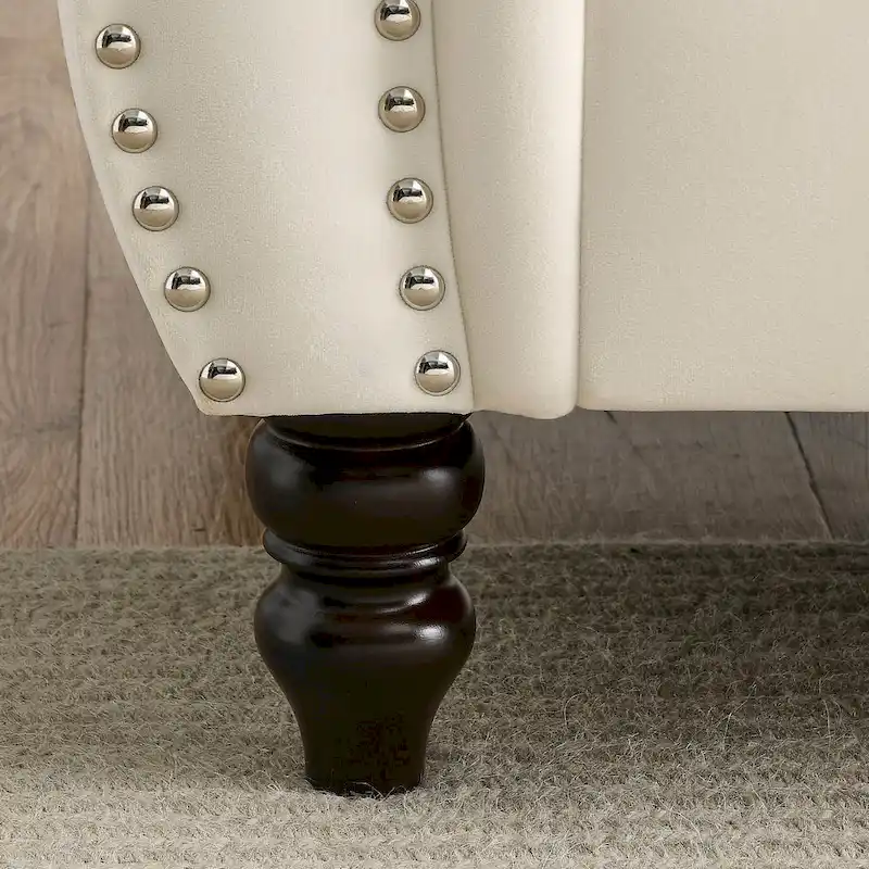 Beige Velvet Chesterfield 3 Seater Sofa with Rolled Arms, Nailhead Trim, 2 Pillows