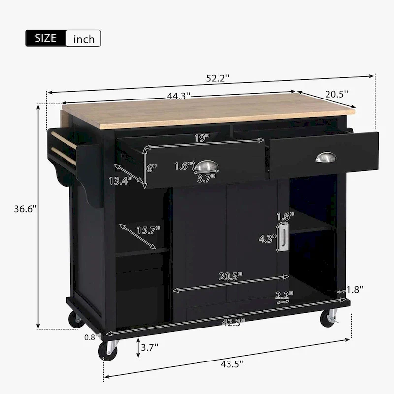 Kitchen Cart with Rubber wood Drop-Leaf Countertop