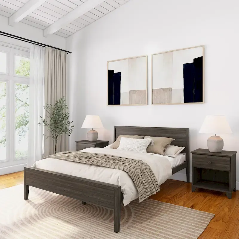 Modern Pine Wood Queen Bed Frame with Panel Headboard – Clay / White / Grey, Sleeps 2