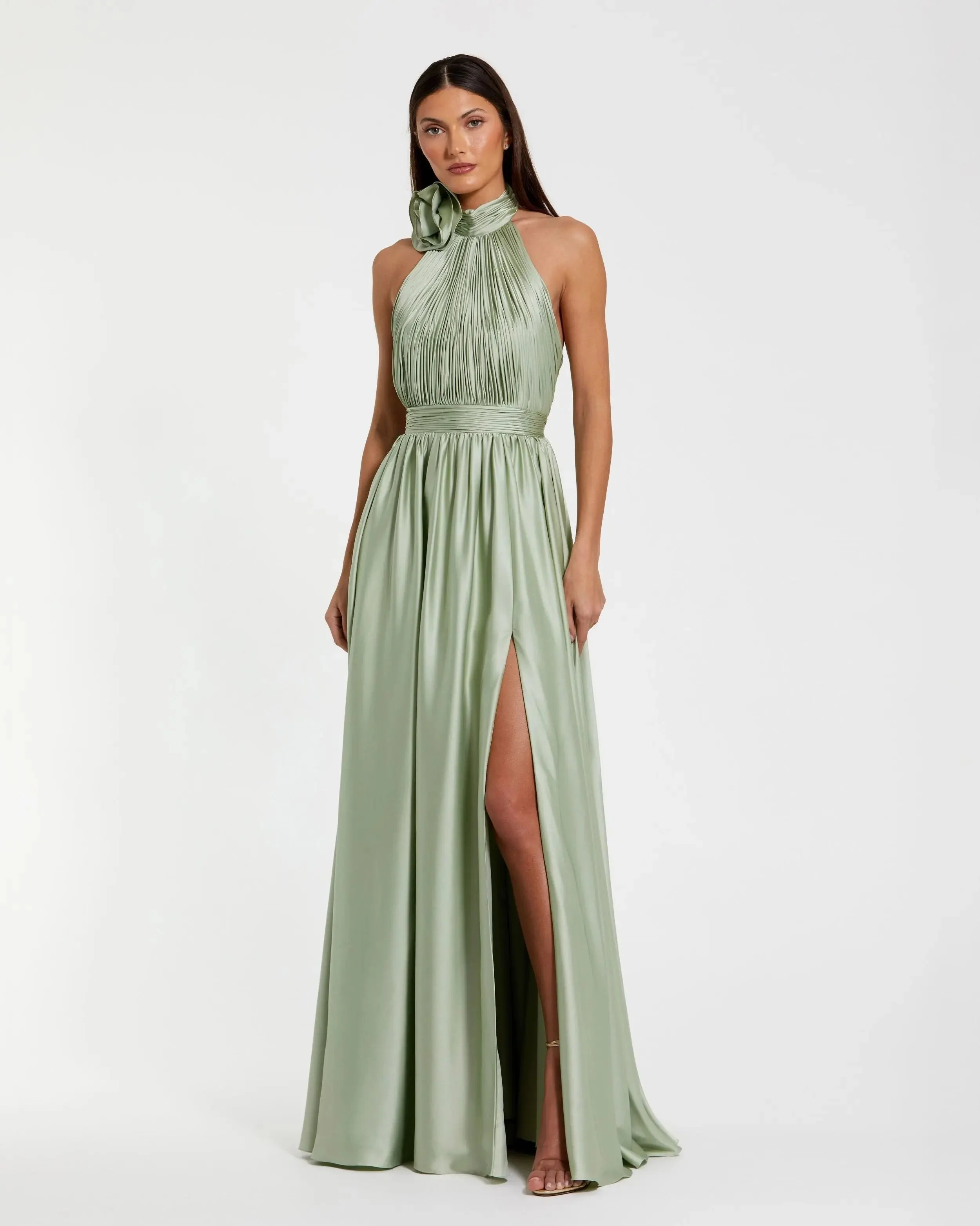 Green Soft Tie Halter Neck High Slit Gown