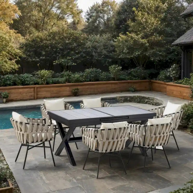 Outdoor Metal Chairs Set w/ 6 Chairs and 1 Extendable Table (Set of 7)