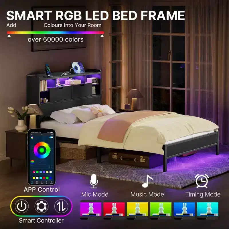 Greenstell Bed Frame with Headboard, Bed Frame with Built-in Charging Station & LED Light, Storage Shelf, Black