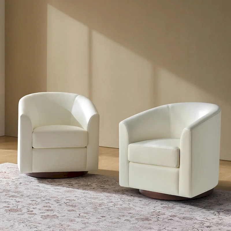 Haley Modern Swivel Barrel Faux Leather Chair with Solid Wood Base Set of 2 by HULALA HOME