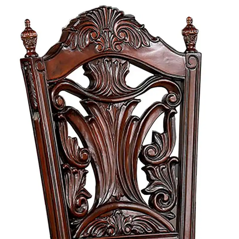 22 Inch Carved Dining Chair, Faux Leather Seat, Nailhead Trim