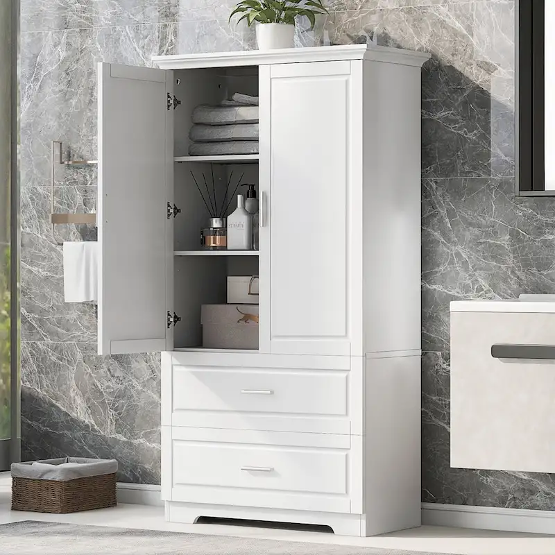 Tall Bathroom Storage Cabinet with 2 Doors, 2 Drawers & Adjustable Shelf
