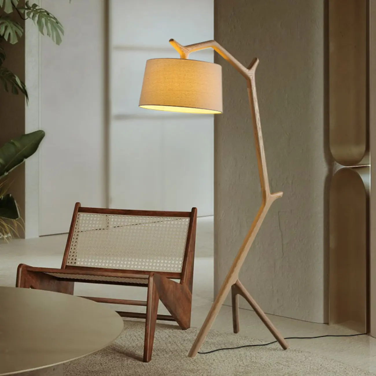 Tripod Wooden Arc Floor Lamp with Fabric Shade for Living Room