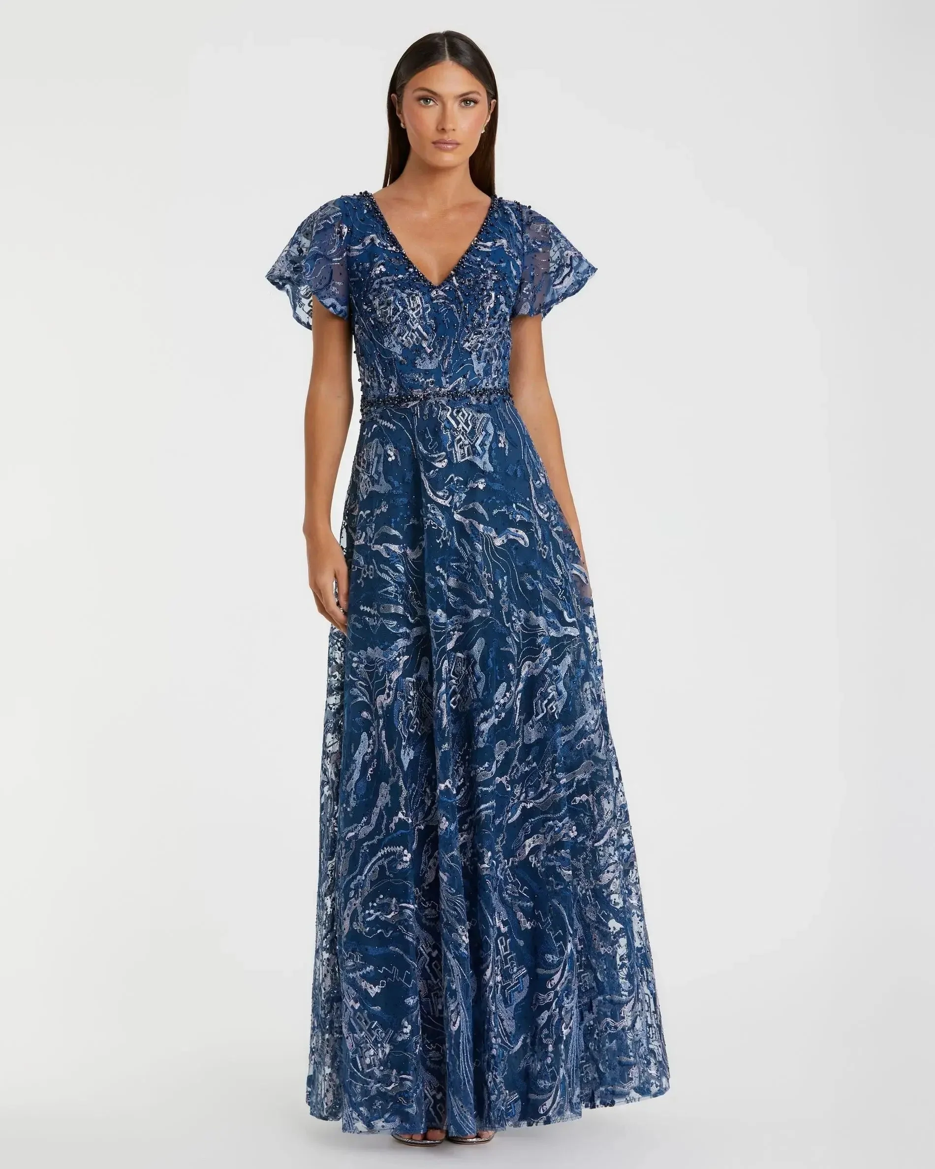 Navy Embellished Illusion Butterfly Sleeve A-Line Gown