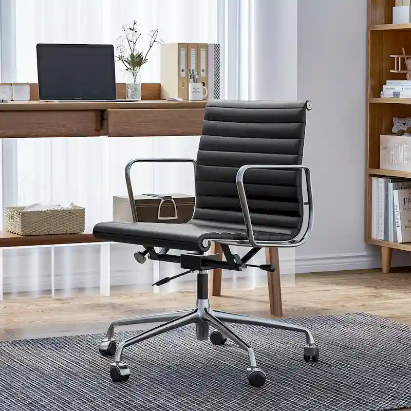 Low Back Genuine Leather Ergonomic Computer Ribbed Office Chair