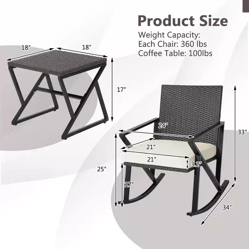 Costway 3PCS Patio Rattan Wicker Rocking Chairs Table Bistro Set Cushioned Rocker Garden
