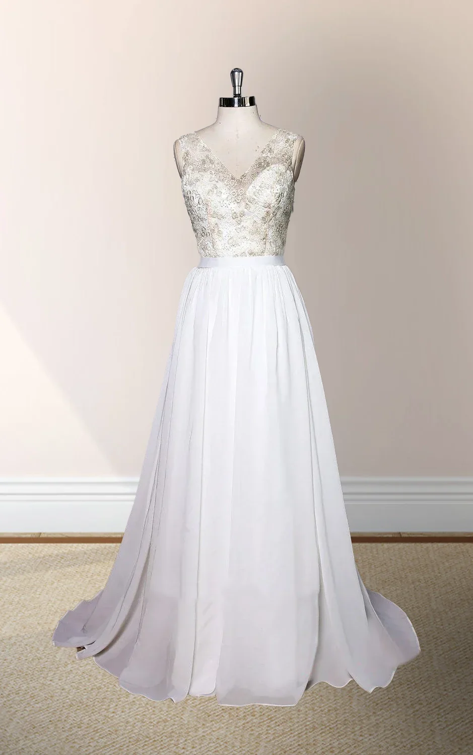 V-Neck Sleeveless Chiffon Wedding Dress With Golden Lace Bodice