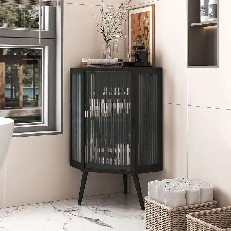 Grondin Modern Style 22.25  Bathroom Corner Storage Cabinet with Tempered Glass Doors and Interior Adjustable Shelf