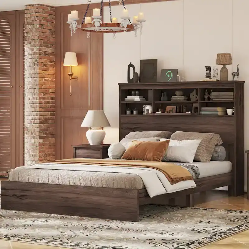 Queen Size Vintage Platform Bed with Storage Headboard and Charging Station