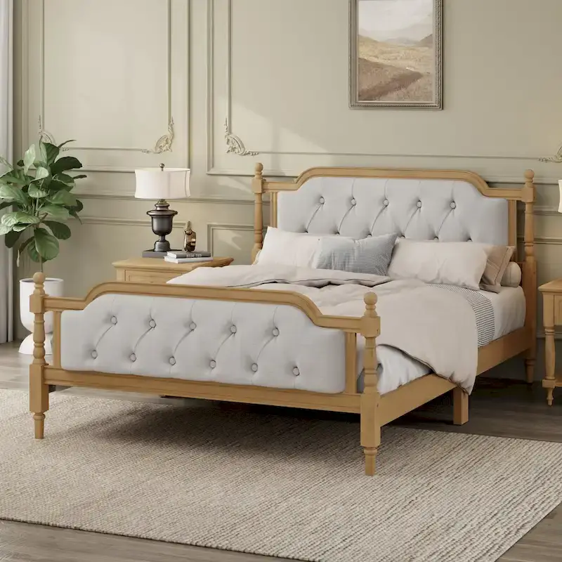Full Size Bed Frame with Tufted Upholstered Headboard and Pine Wood Slats