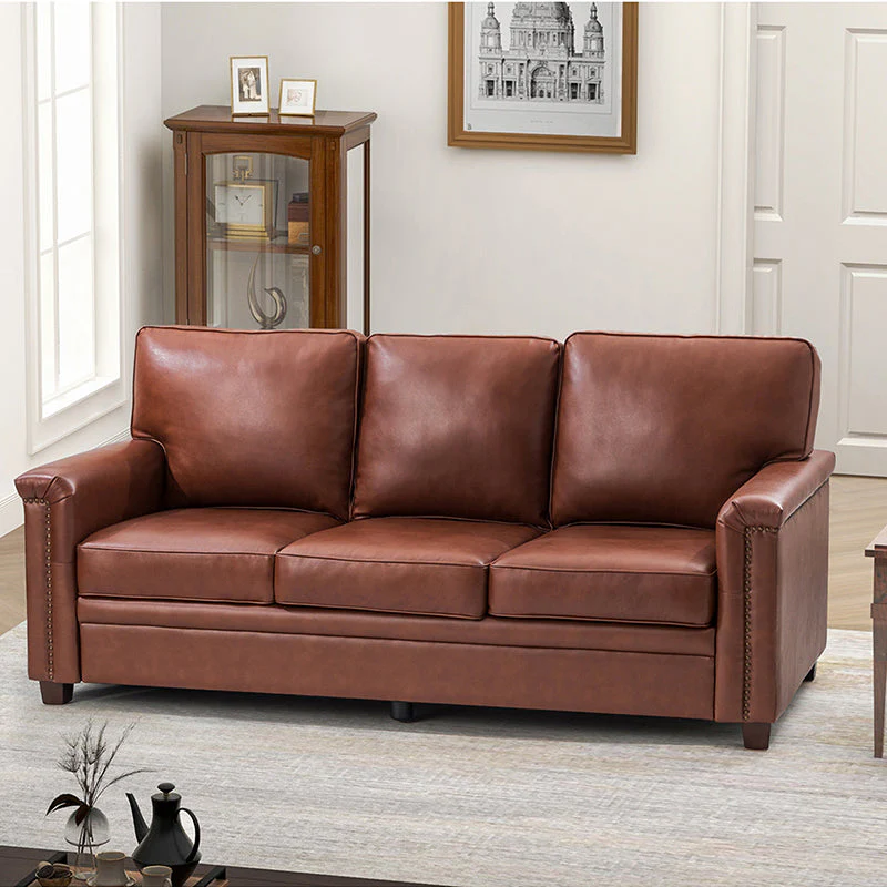 77 in Top-Layer Leather 3-Seat Sofa with Square Arms, Foam Fill & Walnut Rubberwood Legs | Brown / Black / Navy / Camel / Turquoise | 3-Seater