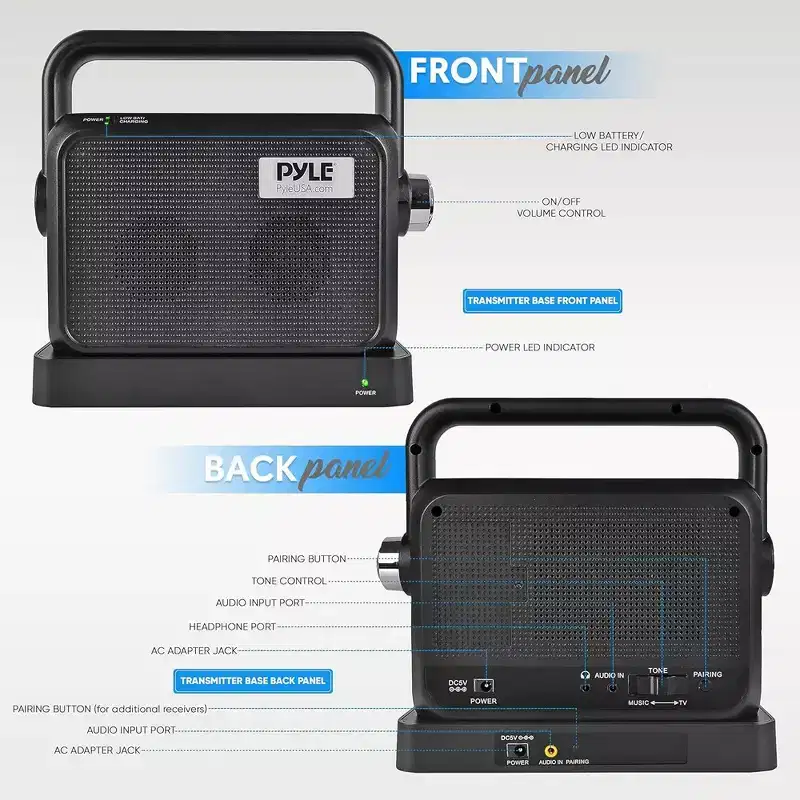 Pyle Wireless TV Speaker Transmitter & Receiver - Comfort Hearing System PTVSP18BK - Black