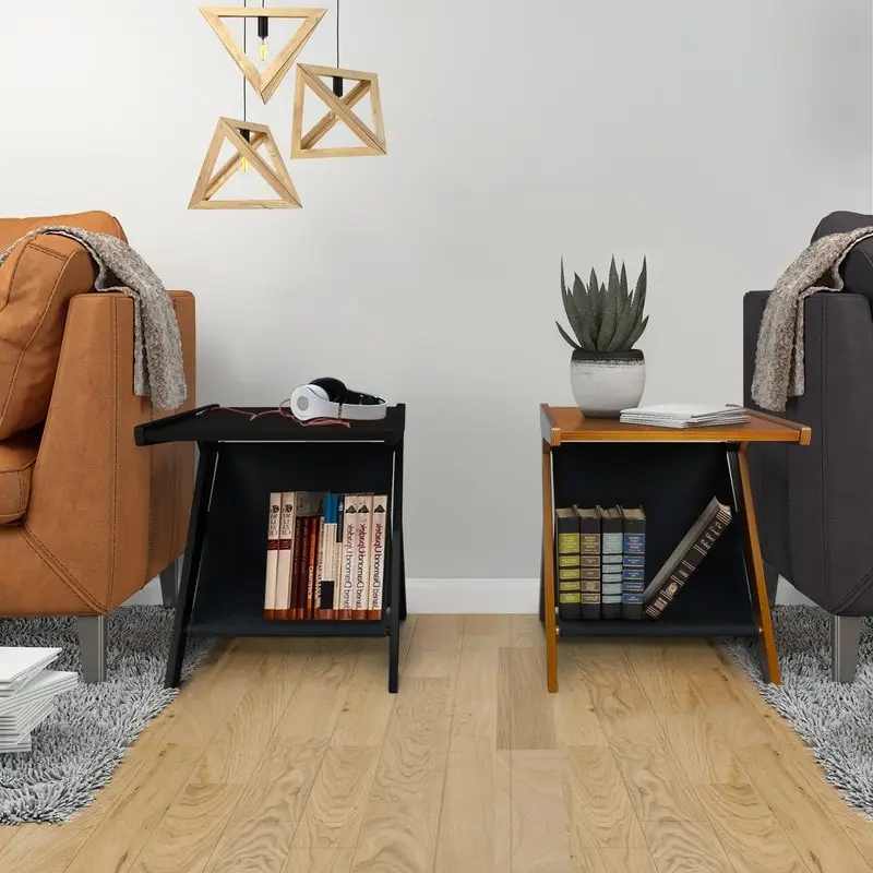 Z-Shaped Sofa Side Table with Canvas Storage Basket