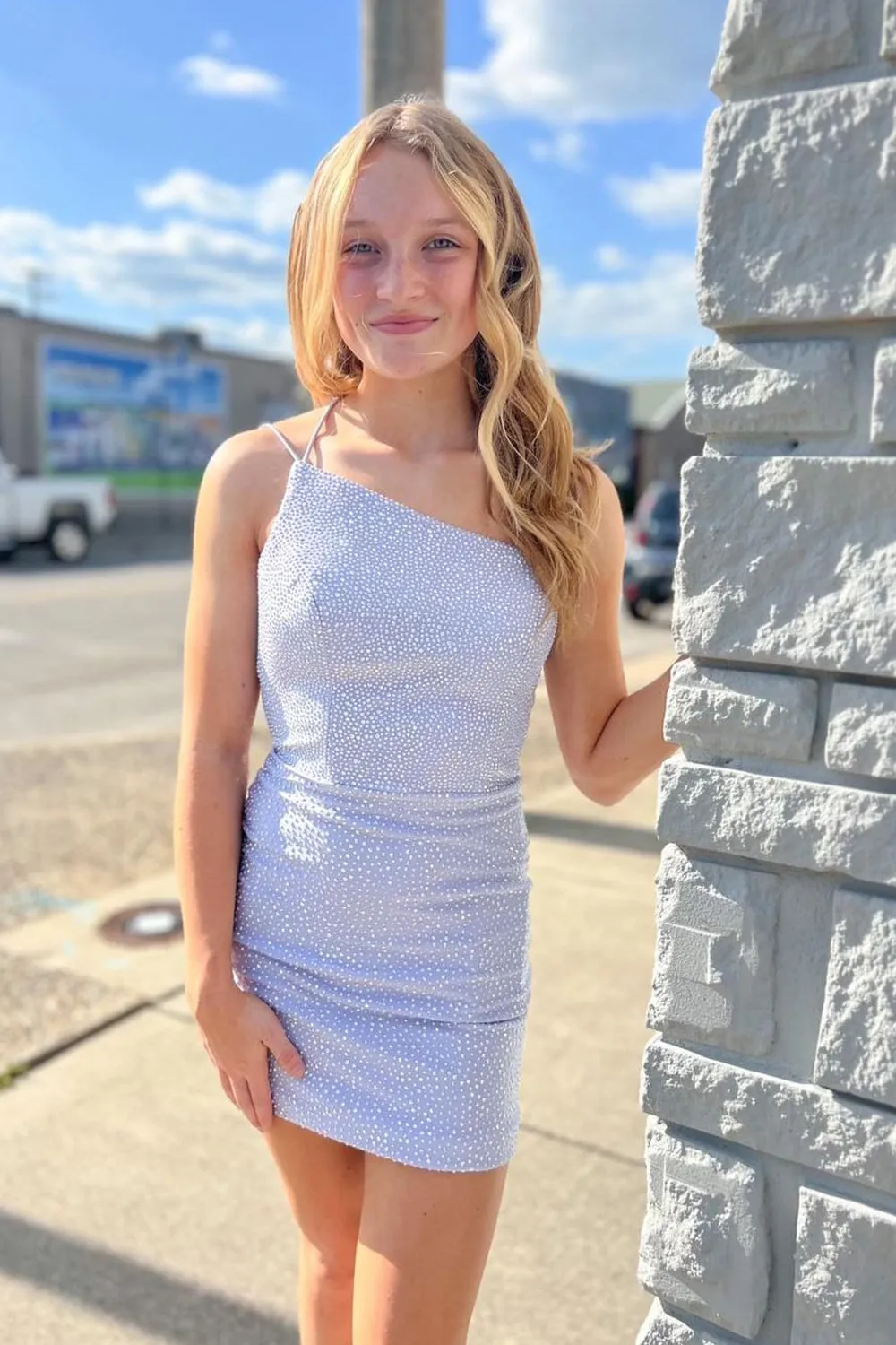 Sheath One Shoulder Lace Up Tight Beaded Homecoming Dress