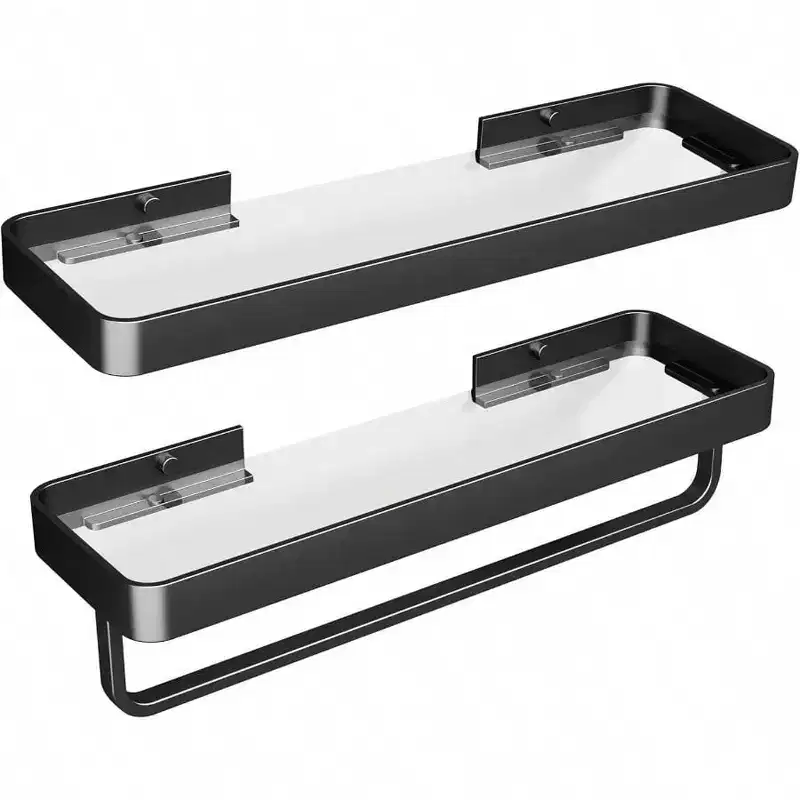 16 Inch Black Floating Bathroom Shelves with Towel Bar Tempered Glass Wall Shelf 2 Pack Versatile Bathroom Organizer Set