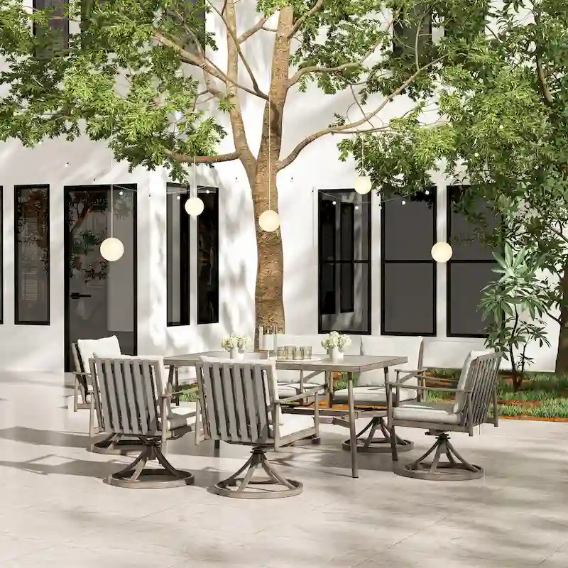 SleekLine 7-Piece Aluminum Patio Dining Set with Webbing Chair Back and Removable Cushions