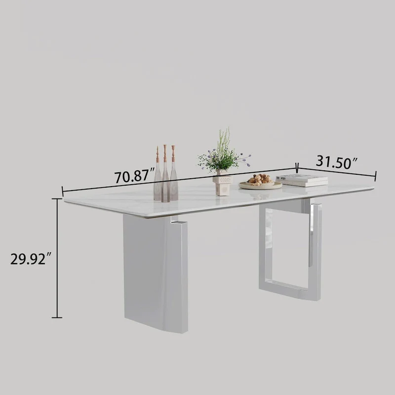 0.47 Thick Sintered Stone Composite Tempered Glass Top Rectangular Dining Table with Stainless Steel Base