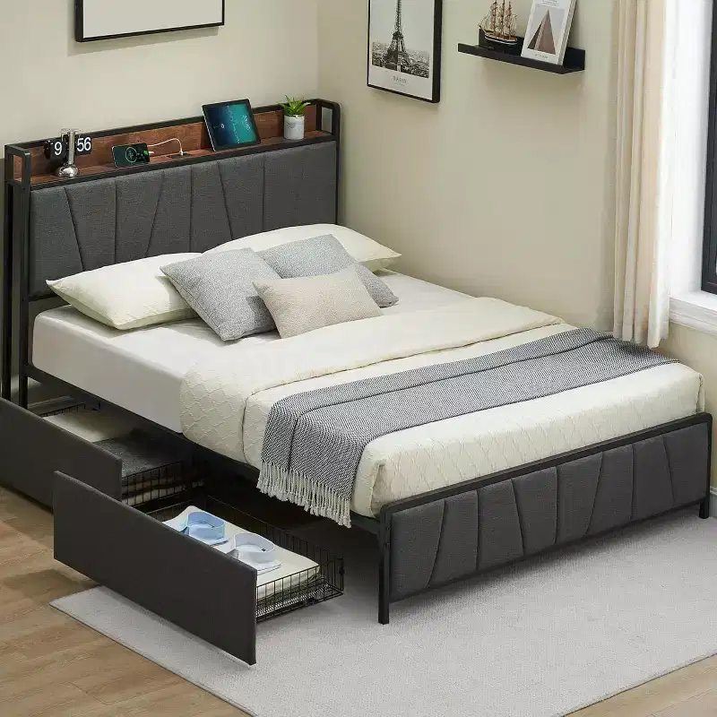 Platform Bed Frame with Headboard, USB Charging Station, 2 Storage Drawers and Under-Bed Storage, No Spring Mattress Required, Heavy-Duty Support