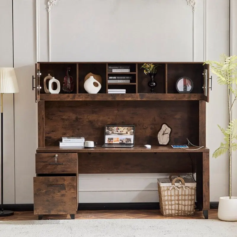 Modern Rustic Computer Desk with Storage Hutch