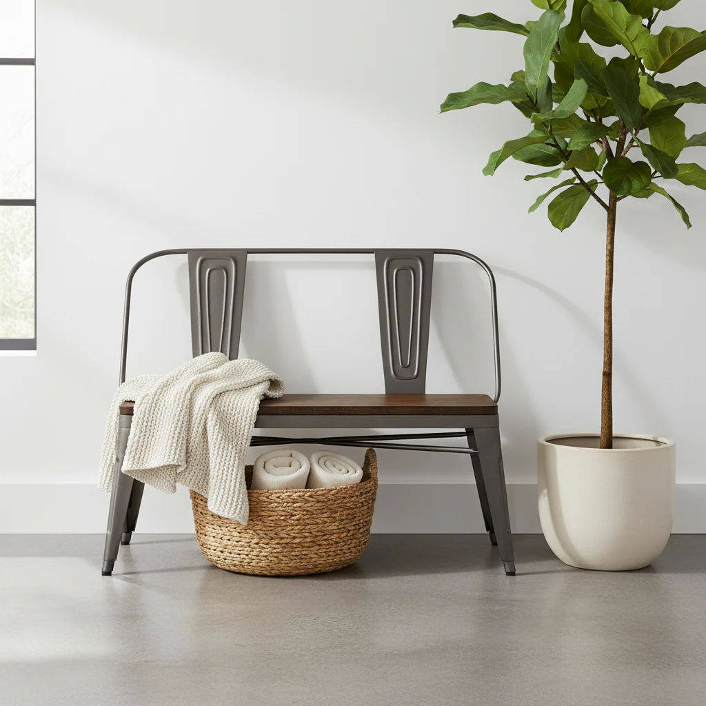 Metal Dining Bench with Wood Top and High Back