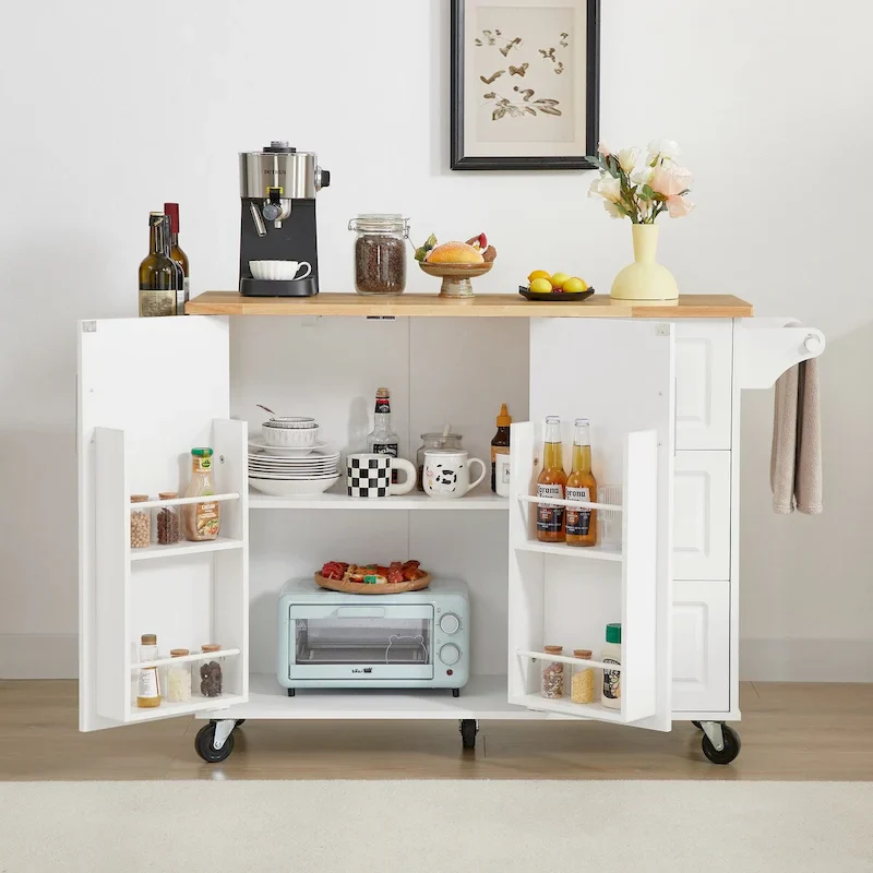 Kitchen Island with Drop Leaf Countertop, Barn Door Kitchen Island Table, Storage Cabinet and Tower Rack, Island Table On Wheels