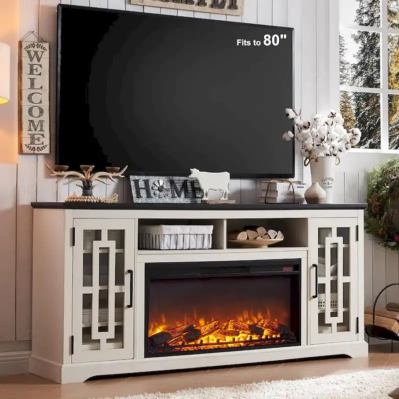 70-Inch TV Stand with Electric Fireplace for TVs up to 80 Inches