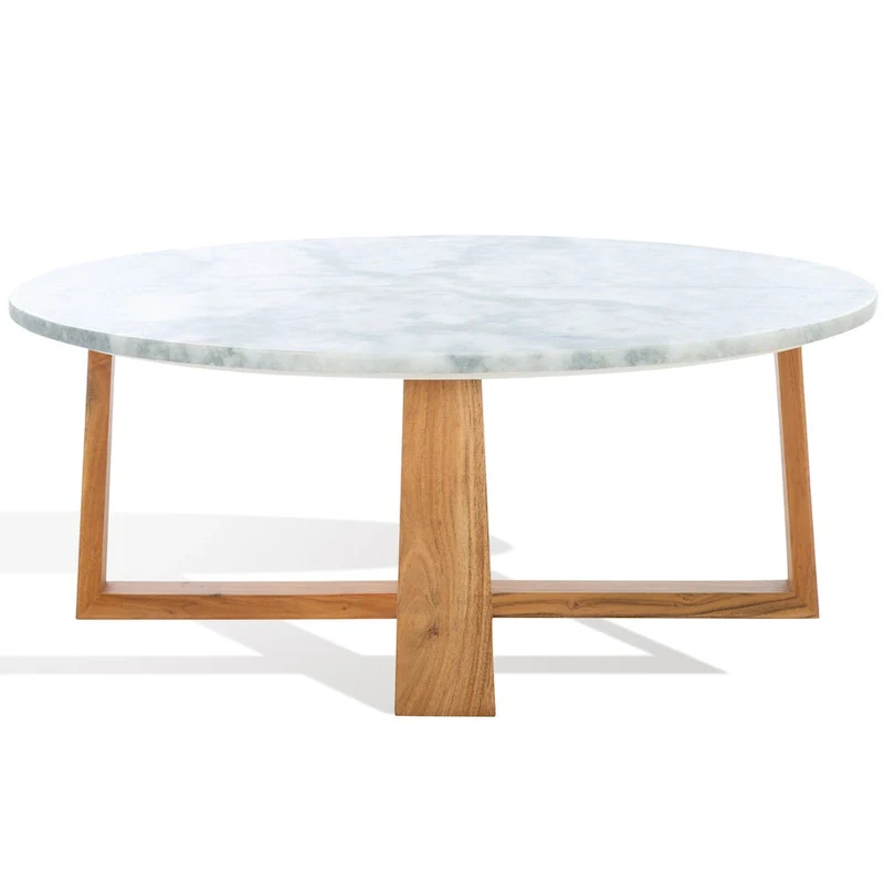 Round Marble Top Coffee Table with Acacia Wood Legs – White/Natural / White/Black