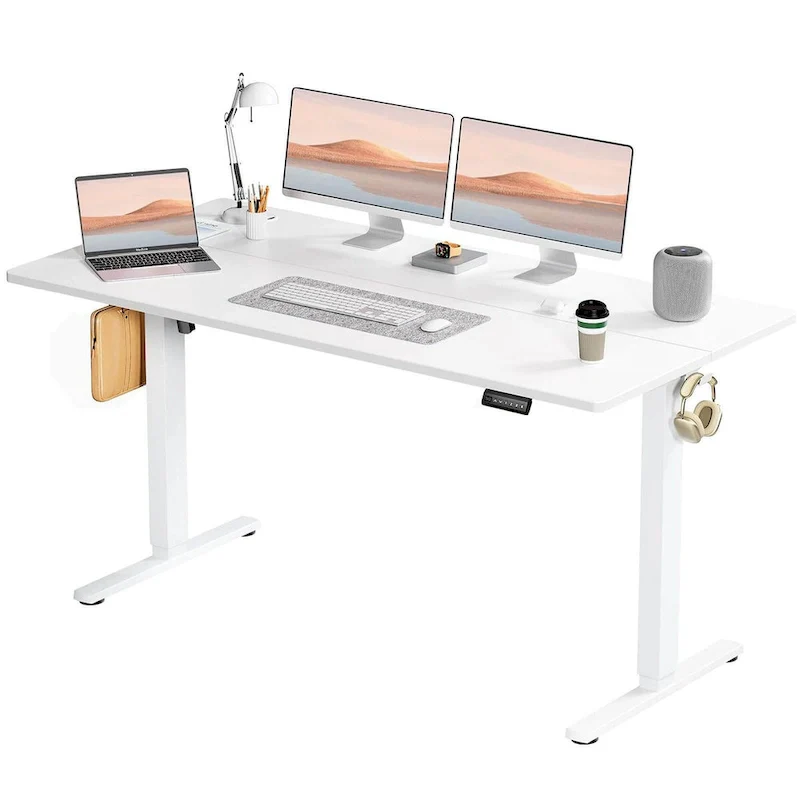 Electric Height-Adjustable Standing Desk, 3 Memory Presets, Cord Management Holes, Side Hooks, 176 lb Capacity, Brown / White / Black / Natural, 1-Person Use
