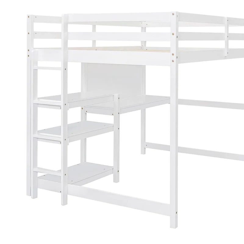 Full Size Wooden Loft Bed with Shelves, Desk and Writing Board