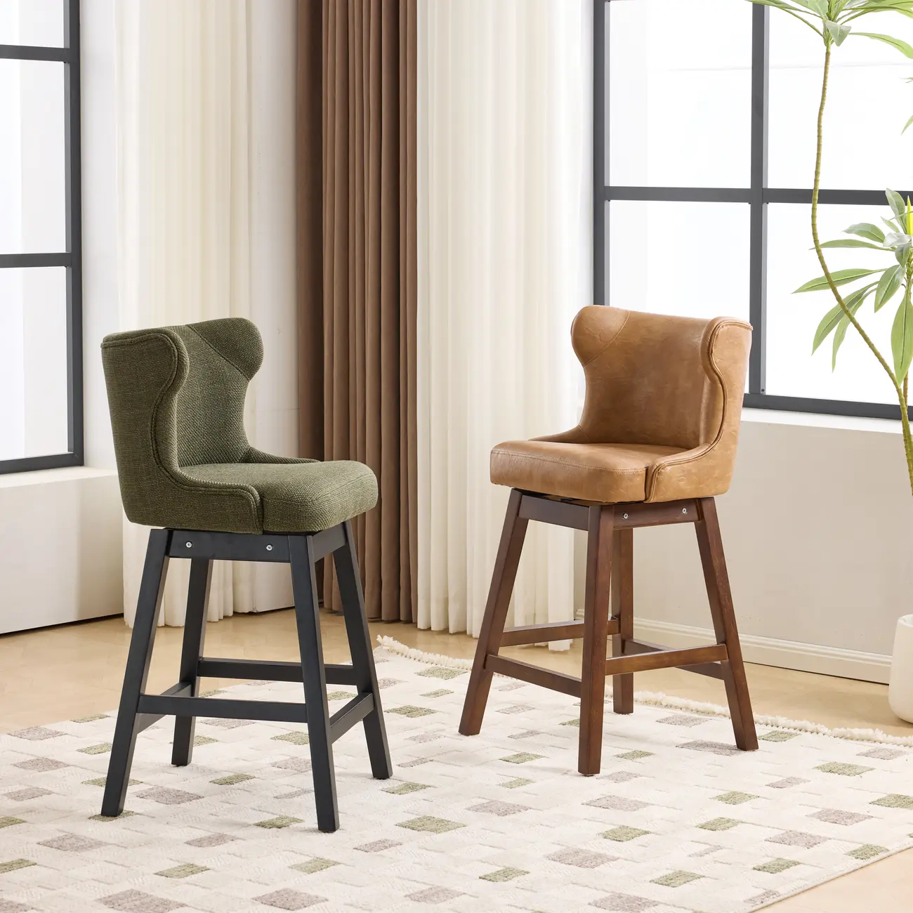 Set Of 2 Bar Height Mid-century Modern Upholstered Bar Stools