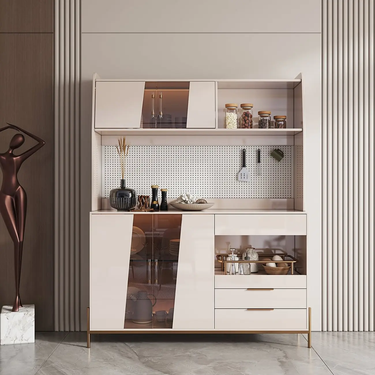 Luxury MDF Pegboard Back Gold Accents Storage Sideboard