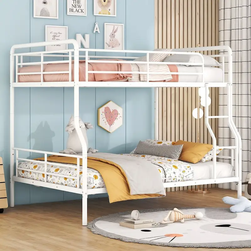 White Full XL over Queen Metal Bunk Bed, 2-Person