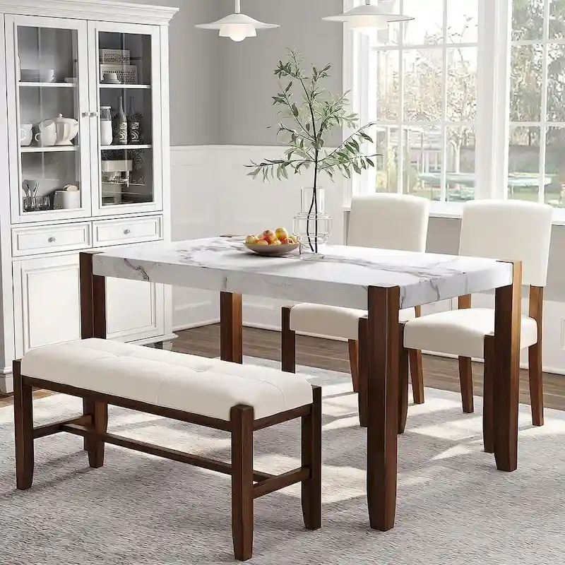 Dining Table with Faux Marble Style Top, 2 Upholstered Chairs & Bench with Wood Legs
