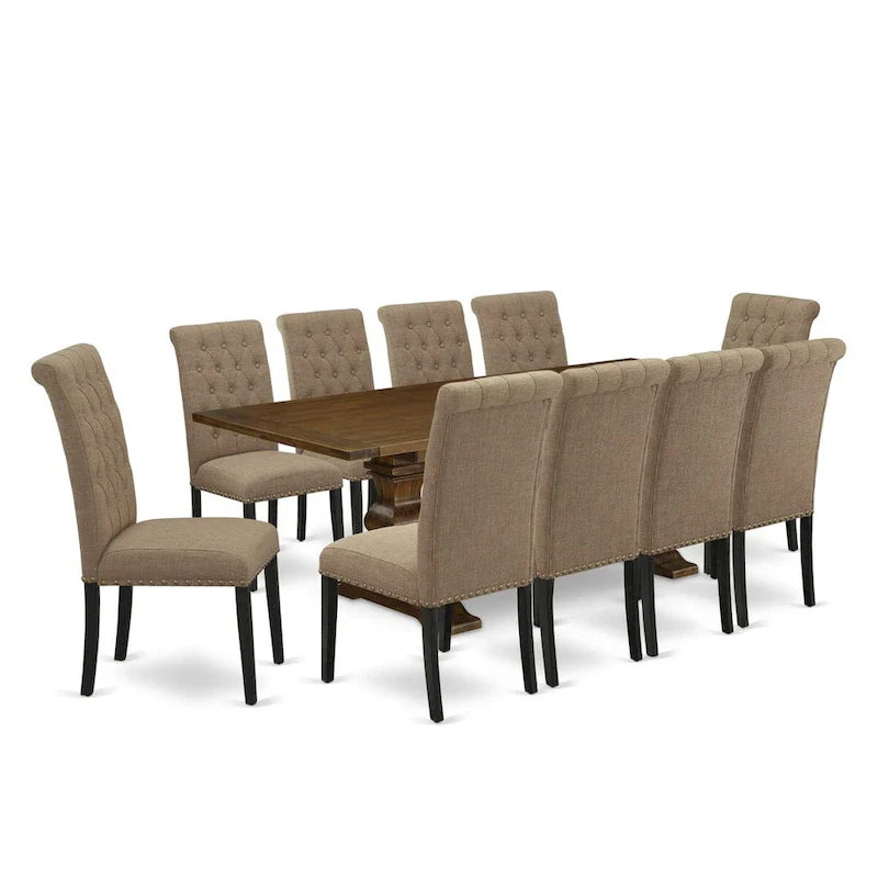 East West Furniture 11 Piece Dining Set- a Dining Table and 10 Light Sable Linen Fabric Chairs(Finish Options)