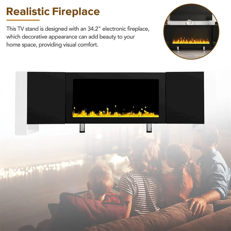 Modern TV Stand with 34.2 Non-heating Electric Fireplace and Cabinets