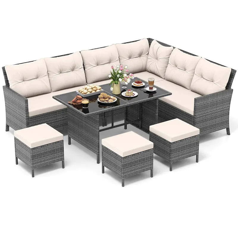 Gymax Set of 7 Dining Furniture Set PE Rattan Sectional Sofa Set Patio