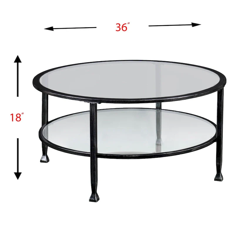 Glenn Distressed Black Metal Round Coffee Table with Glass Top and Shelf