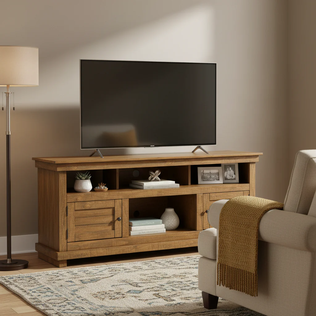 TV Stand Media Cabinet, 2 Doors and 4 Shelves, Brown Wood 60 Inch