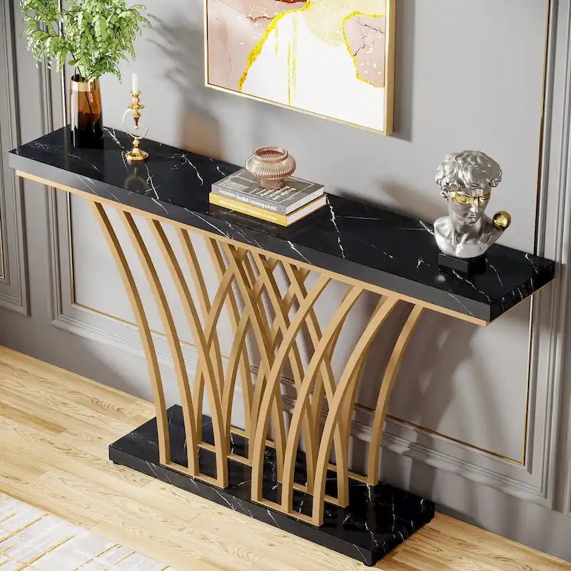 White Faux Marble Console Table with Gold Metal Frame for Entryway